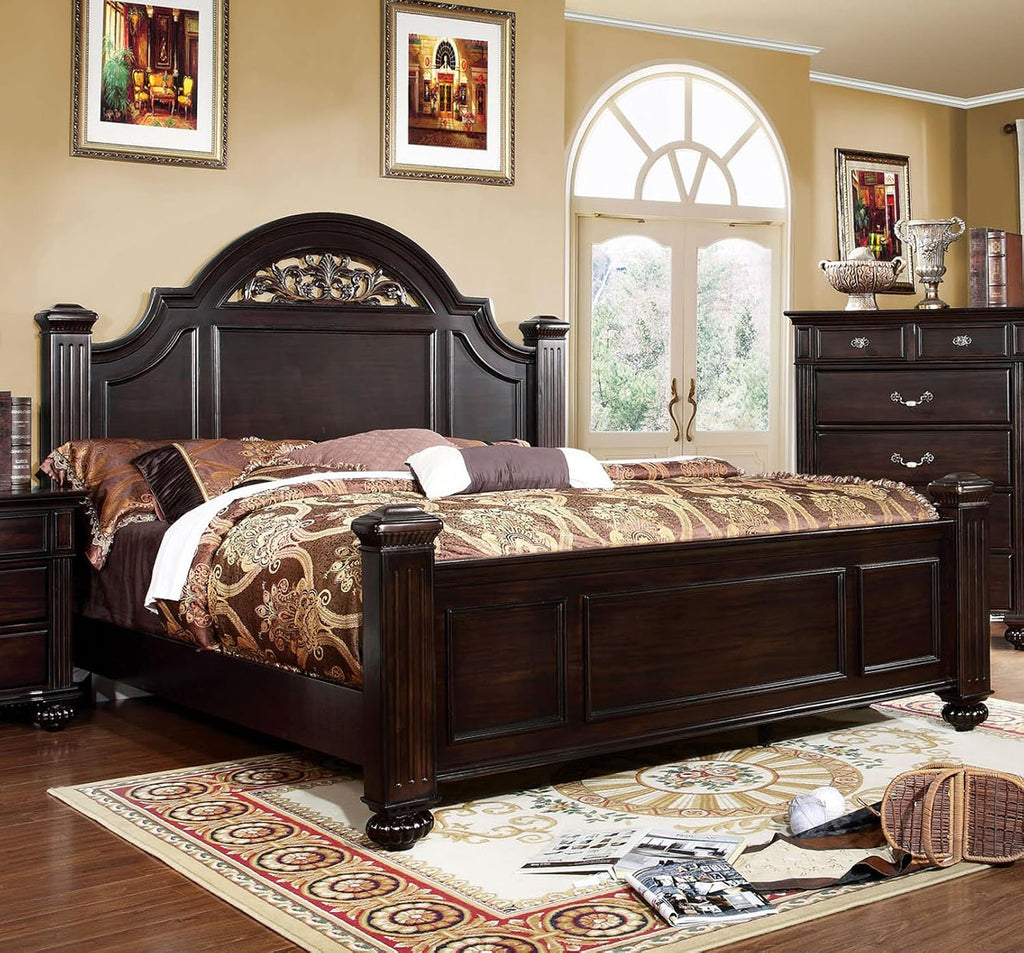 Furniture of America Malierd Transitional Fluted Poster Bed, Queen, Dark Walnut