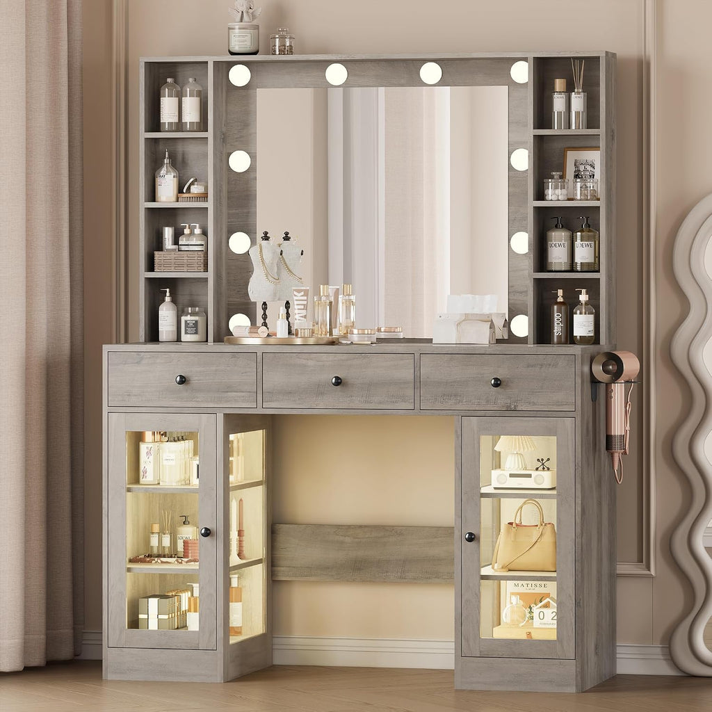 Wodeer Makeup Vanity Desk with Mirror and Lights, Grey Vanity with Glass Top, LED Lights & Power Outlet, 3 Drawers & 2 RGB Glass Cabinets, Adjustable Lighted Dressing Table for Women & Girls Bedroom