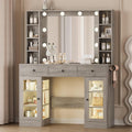 Wodeer Makeup Vanity Desk with Mirror and Lights, Grey Vanity with Glass Top, LED Lights & Power Outlet, 3 Drawers & 2 RGB Glass Cabinets, Adjustable Lighted Dressing Table for Women & Girls Bedroom