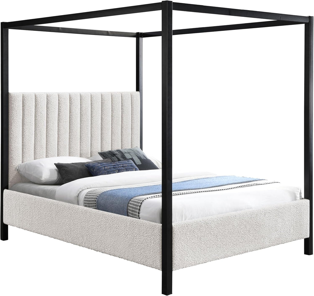 Meridian Furniture KellyCream-F Kelly Collection Modern | Contemporary Full Bed with Rich Cream Boucle Fabric, Matte Black Iron Metal Frame Canopy, 57' W x 80' D x 77' H, Cream, Full