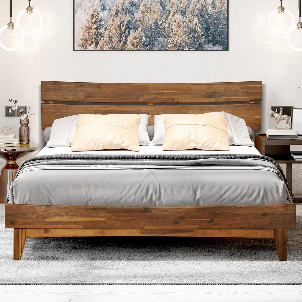 Acacia Aurora Bed Frame with Headboard 100% Solid Wood Platform Bed, Scandinavian Bed Style with All Mattresses, Non-Slip and Noise-Free, 30 Mins Assembly, Queen Size Bed Frame Caramel