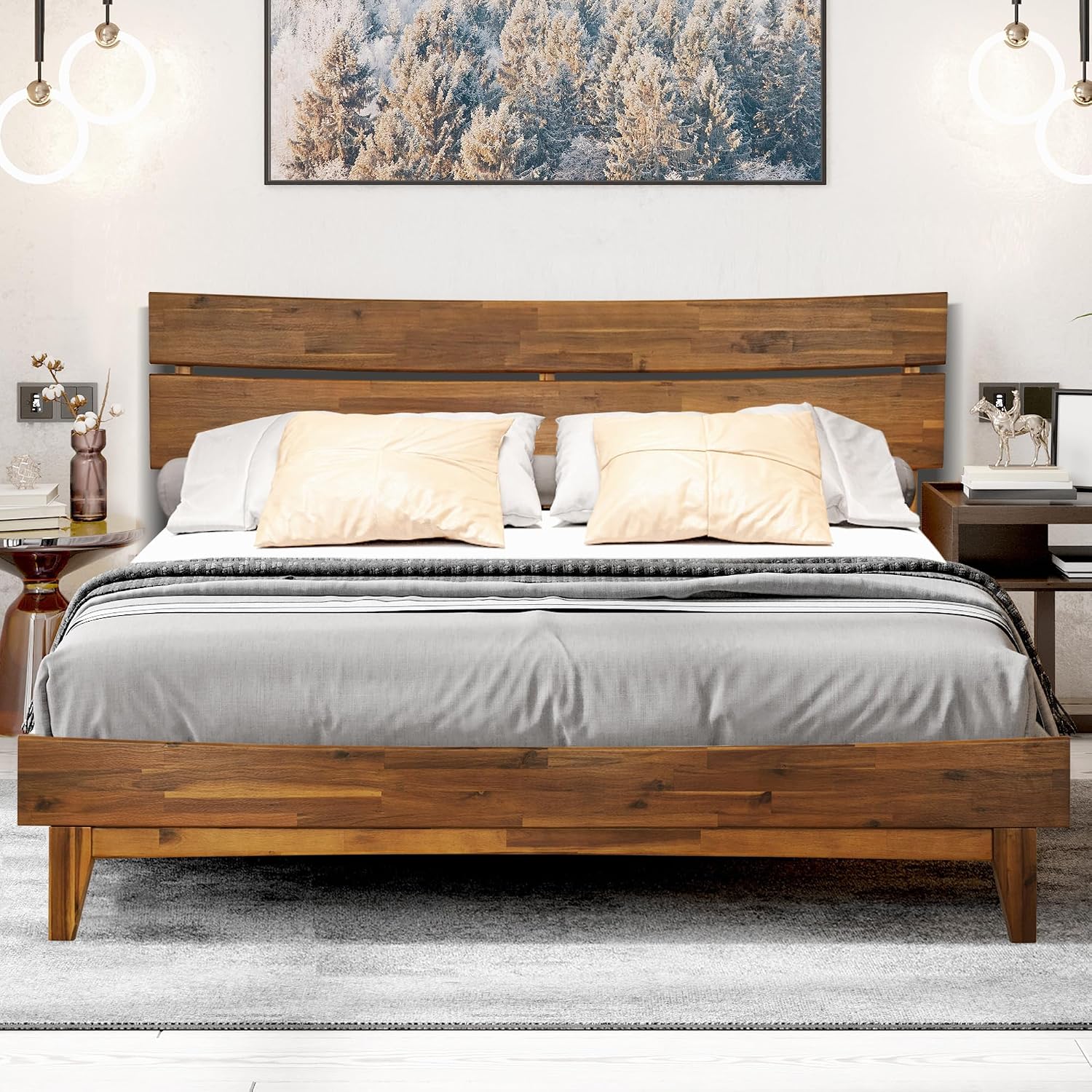 Acacia Aurora Bed Frame with Headboard 100% Solid Wood Platform Bed, Scandinavian Bed Style with All Mattresses, Non-Slip and Noise-Free, 30 Mins Assembly, Queen Size Bed Frame Caramel