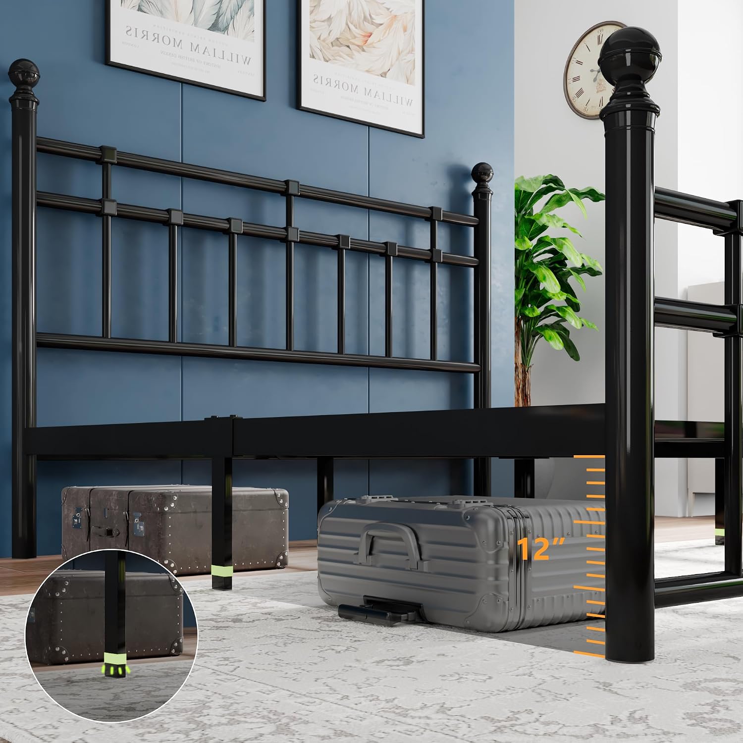 Einhomn Full Size Metal Platform Bed Frame with Victorian Iron-Art Tall Headboard and Footboard, Mattress Foundation for Under Bed Storage/Heavy Duty Steel Slat Supported, No Box Spring Needed, Black