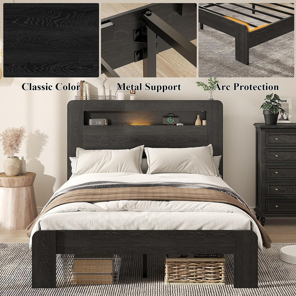 Wooden Bed Frame Full Size with Storage Headboard - Farmhouse Platform Bed Frame with Bookcase Shelf & Led Lights, Sturdy Wood Slat Framework Bed Frame (Black LED)