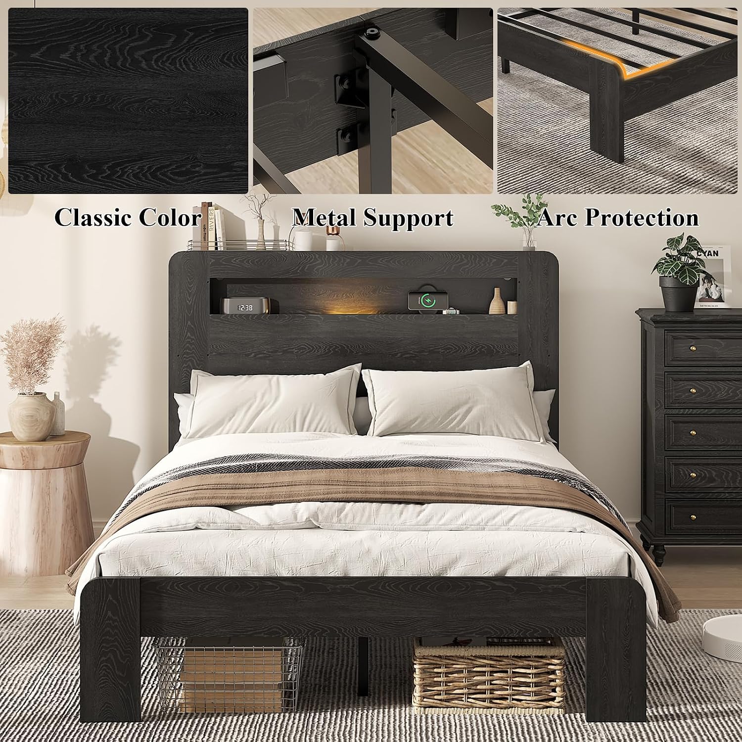 Wooden Bed Frame Full Size with Storage Headboard - Farmhouse Platform Bed Frame with Bookcase Shelf & Led Lights, Sturdy Wood Slat Framework Bed Frame (Black LED)