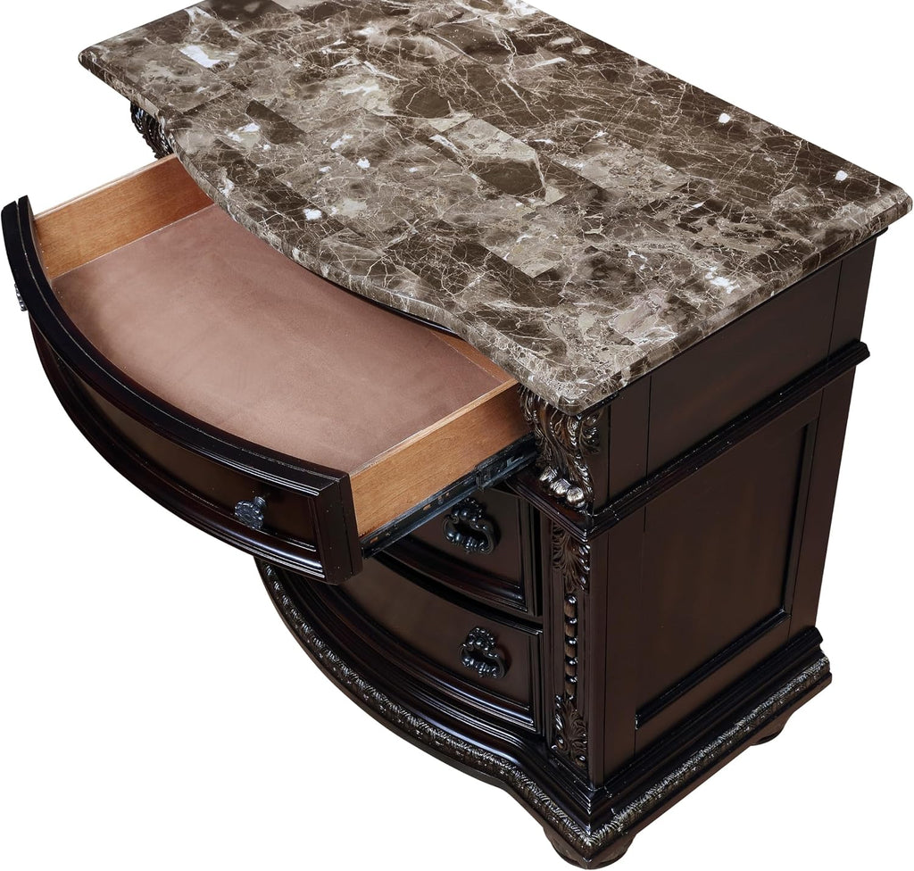 Generic Traditional Formal Classic 5pc Set King Size Faux Leather Upholstery Panel Bed Cherry Finish Marble Top Storage Pieces Solid Wood Furniture, Brown, HSB1600-K5pc