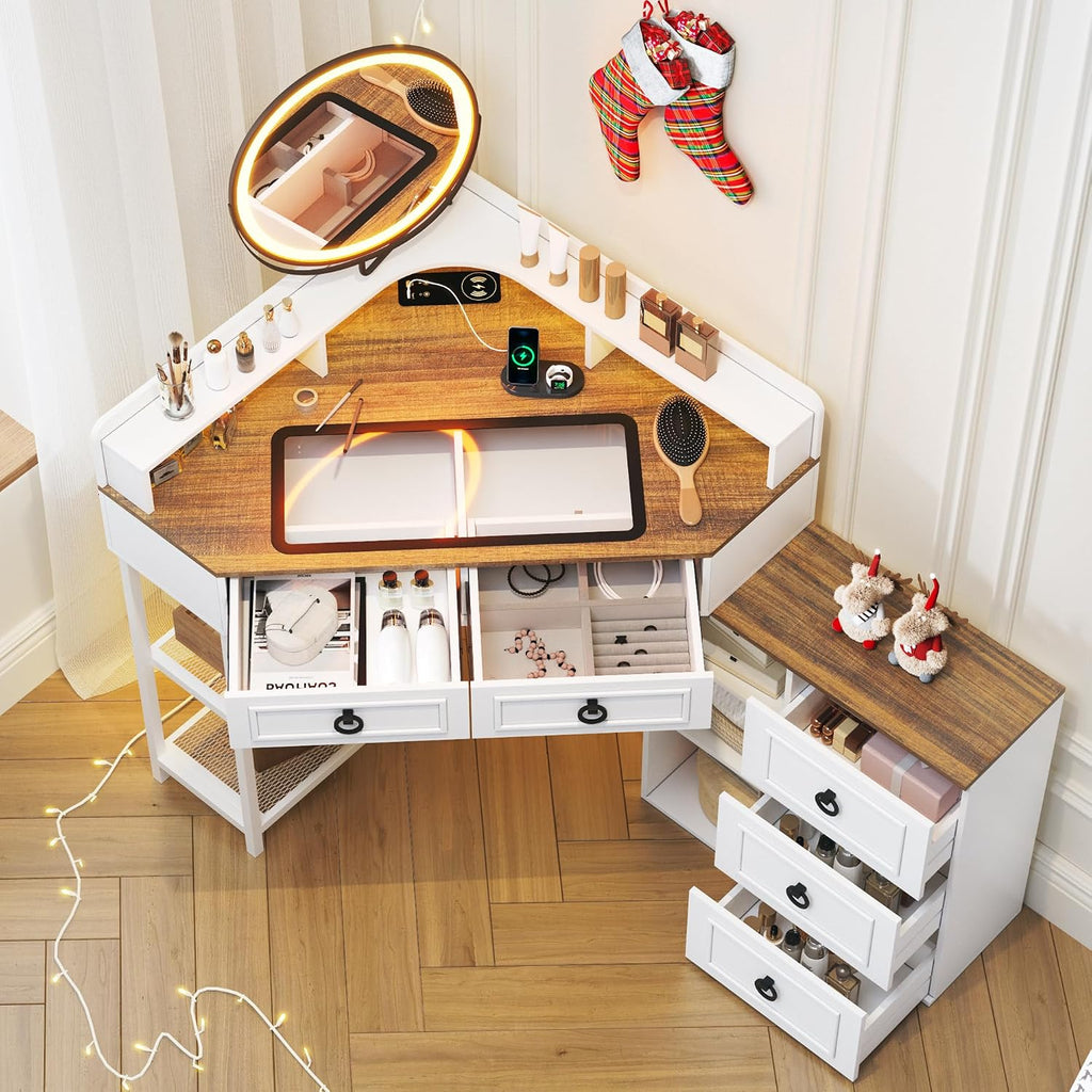 WOOVIVS Corner Vanity Desk with Lighted Rotating Mirror, Glass Top Makeup Table with 5 Drawers, Small Vanitys with Charging Station,Jewelry Organizers for Bedroom,White