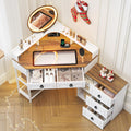 WOOVIVS Corner Vanity Desk with Lighted Rotating Mirror, Glass Top Makeup Table with 5 Drawers, Small Vanitys with Charging Station,Jewelry Organizers for Bedroom,White