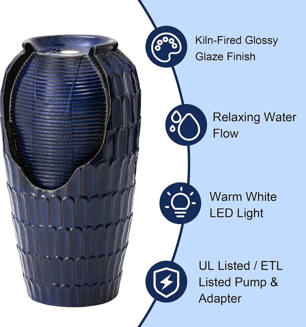 Glitzhome 28.25' H Oversized Ceramic Petals Textured Jar Outdoor Water Fountain, Vintage Cobalt Blue Glaze Vase Patio Garden Waterfall Fountain with LED Light and Submersible Pump