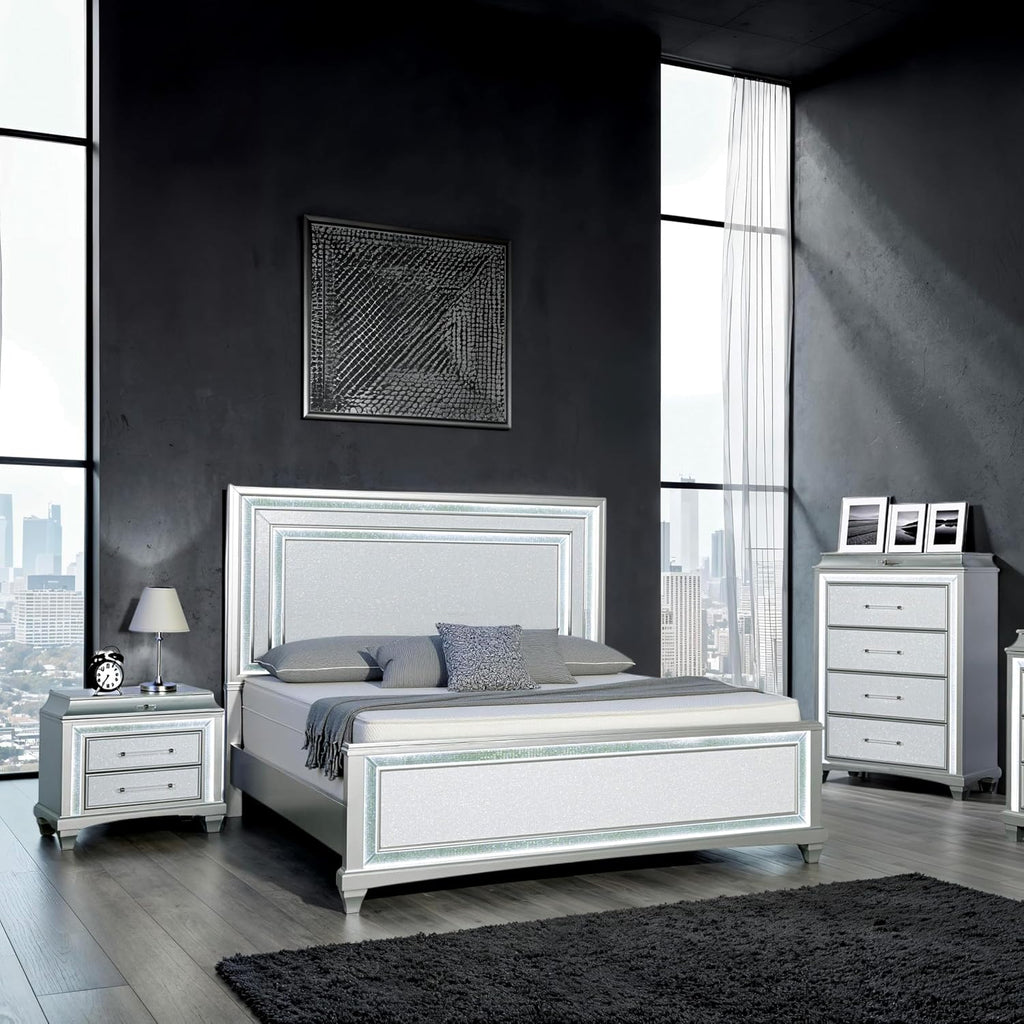 Furniture of America Silvia Glam Solid Wood 3-Piece Bedroom Set with Layered Frame Bed, Faux Crystal Trim LED on Nightstand and Chest, Box Spring Needed for Bedroom, Guest Room, King, Silver