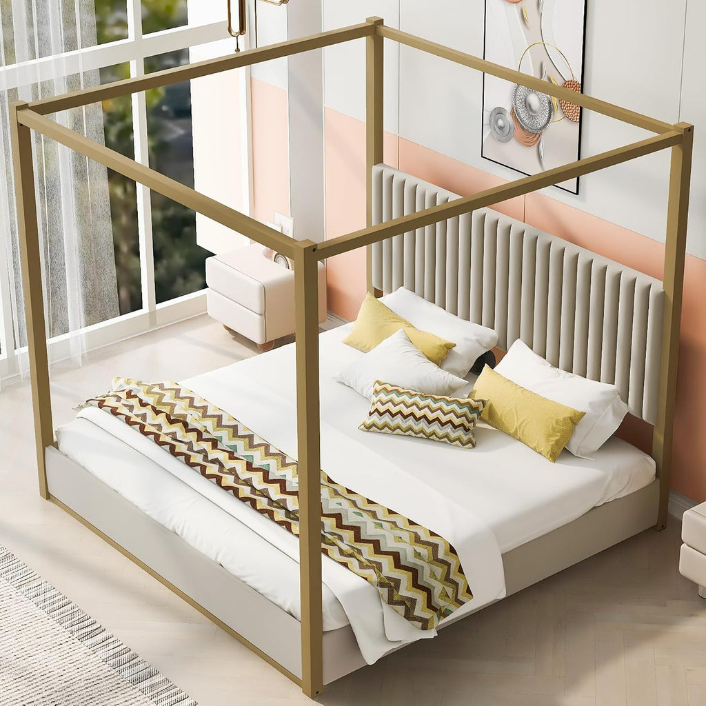 Modern 4-Poster Canopy Platform Bed King Size with Channel Upholstery Tufted Headboard, Gold Metal Canopied Design Platform Bed Frame with Strong Slats Support (Beige-1.20)