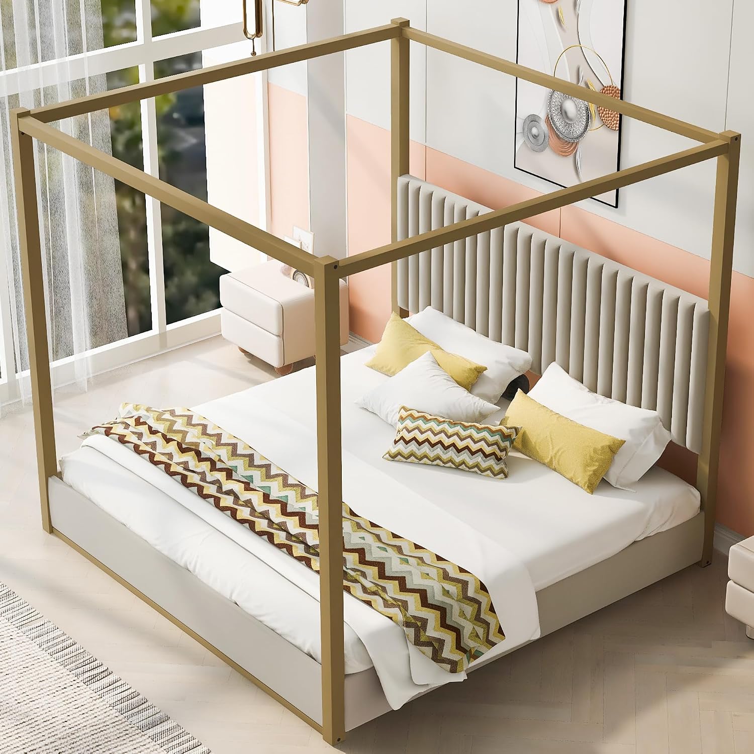 Modern 4-Poster Canopy Platform Bed King Size with Channel Upholstery Tufted Headboard, Gold Metal Canopied Design Platform Bed Frame with Strong Slats Support (Beige-1.20)