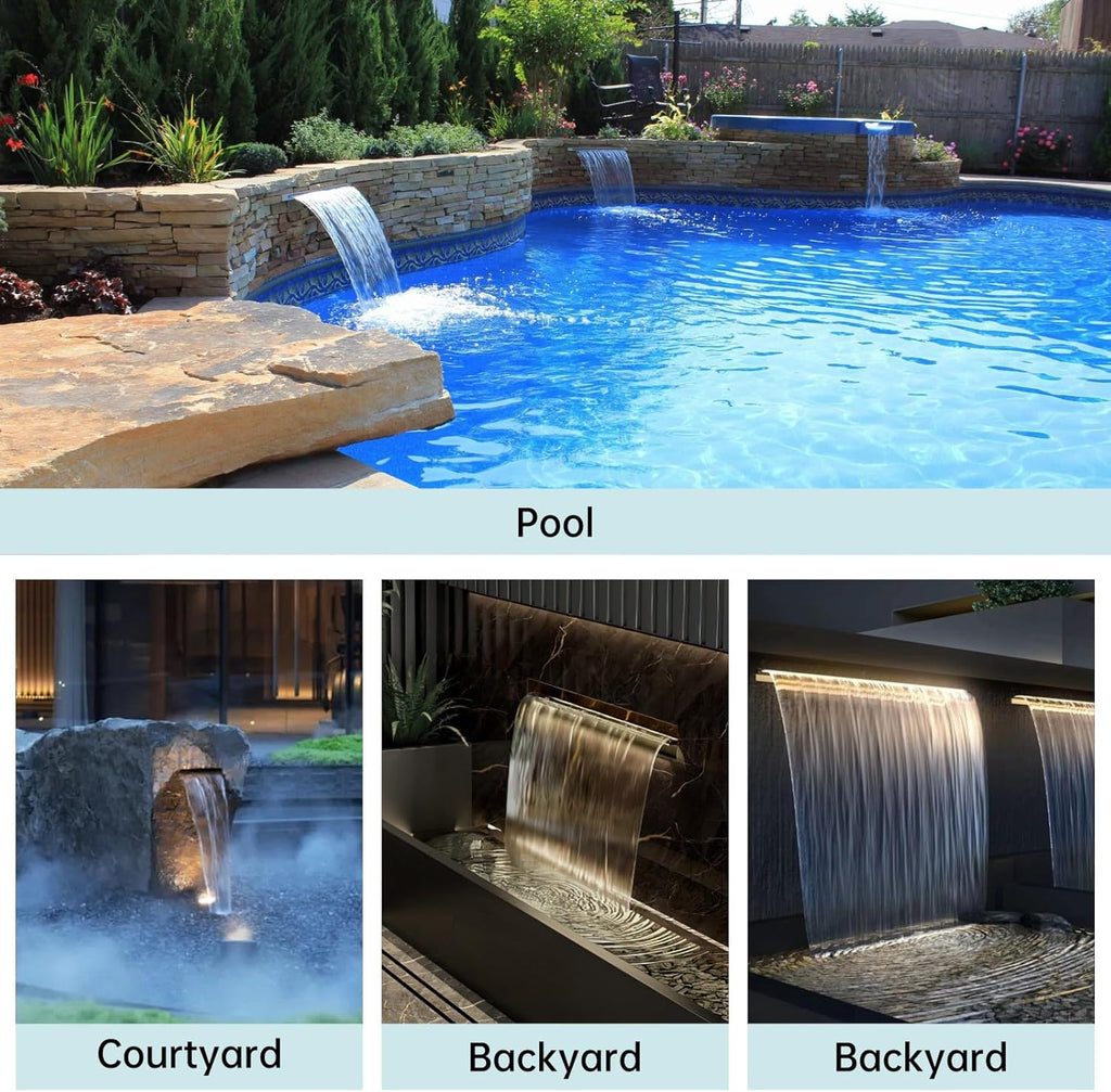Waterfall Spillway Stainless Steel Pond Waterfalls with Color Changing LED Light, Outdoor Pool Fountain Water Feature Kit for Garden Patio Swimming Pool Koi Ponds Decor-24'x8'x4'