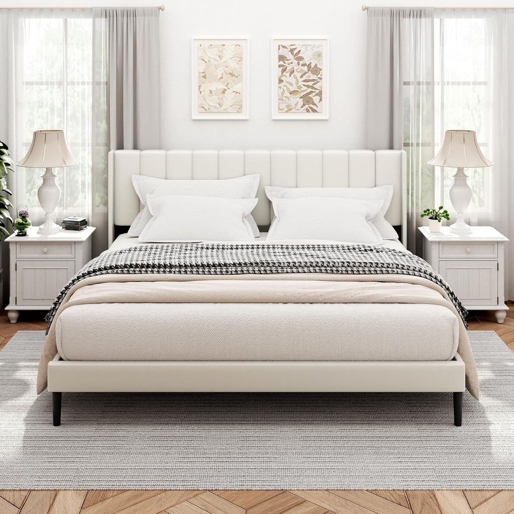 Sismplly King Size Bed Frame and Headboard,Vertical Channel Tufted Wingback No Box Spring Needed, Mattress Foundation, Easy Assembly White