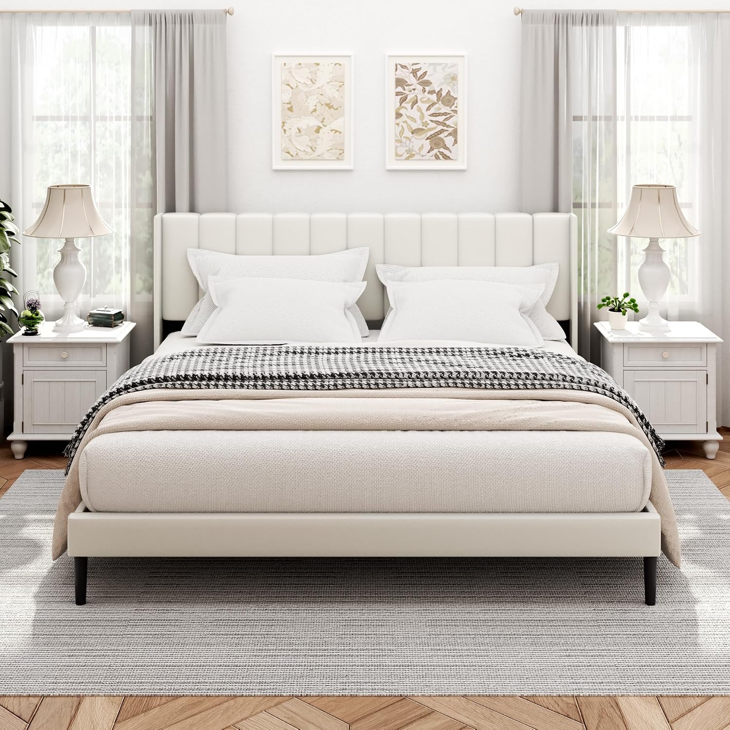 Sismplly Queen Size Bed Frame and Headboard,Vertical Channel Tufted Wingback No Box Spring Needed, Mattress Foundation, Easy Assembly White