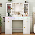 HUANLEGO Vanity Desk with Mirror and Lights, White Makeup Vanity Mirror with Lights & Power Outlet and 7 Drawers, 2 Cabinet, 3 Color Modes Adjustable, Dressing Table Set for Girls Women