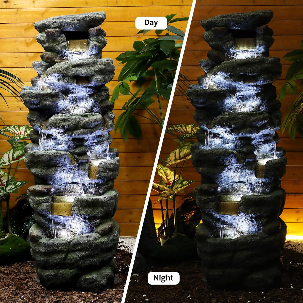 SunJet 51' High Multi-Tiers Cascading Rock Outdoor Water Fountain with LED Lights - Large Outdoor Resin Fountains and Waterfalls for Garden or Patio, Yard, Deck Decor, Featuring Natural Stone Look
