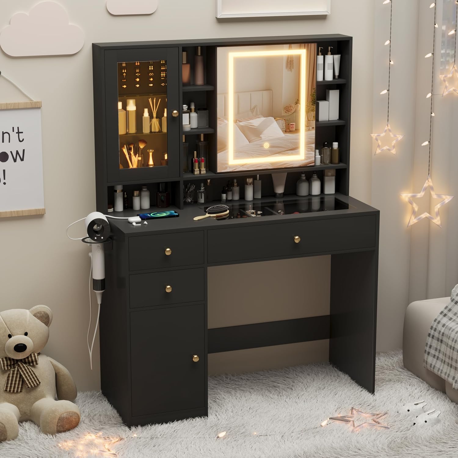 Wodeer Makeup Vanity Desk with Mirror and Lights, Black Vanity with Glass Top, Jewelry Storage, Power Outlets, 3 Drawers & 2 Cabinets, Adjustable LED Lighting, Dressing Table for Women & Girls Bedroom