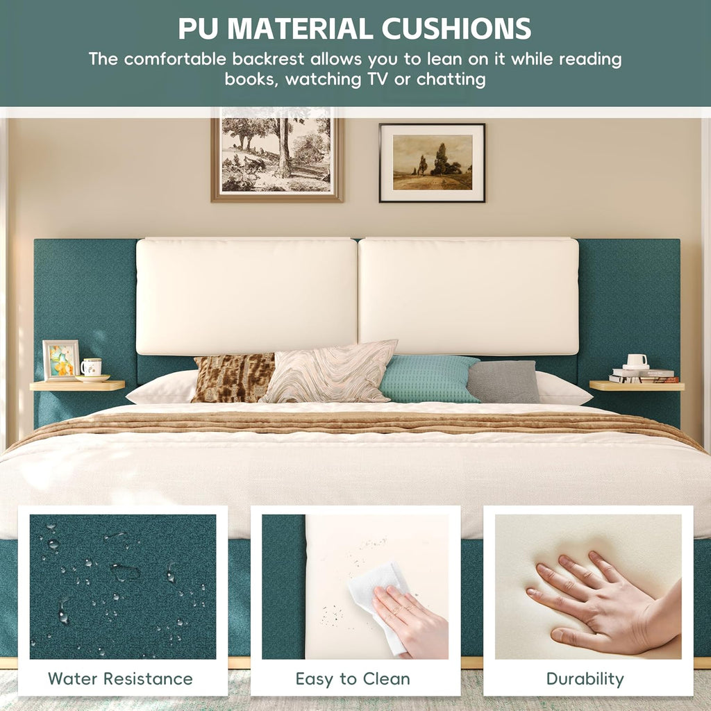 Green Bed Frame with Soft Upholstered Storage Tall Headboard, King Size Floor Platform Bed Frames, Anti-Collision Curved Footboard Bedroom Sets,No Box Spring Needed (Green, King)