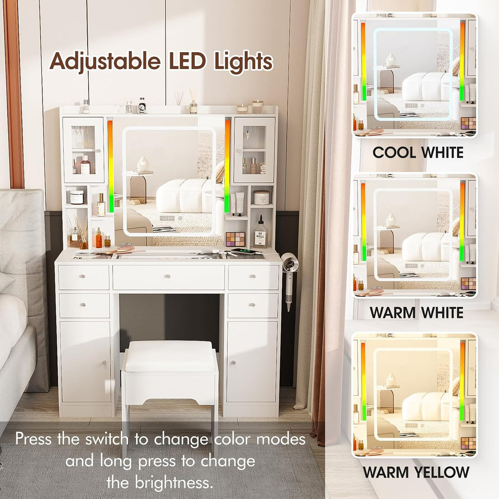 Halitaa White Vanity Desk with LED Mirror,Makeup Vanity with Charging Station & RGB Lights,5 Drawers 4 Shelves Makeup Desk Vanity Table Stool Set with Glass Table Top & Time Display Lights, White