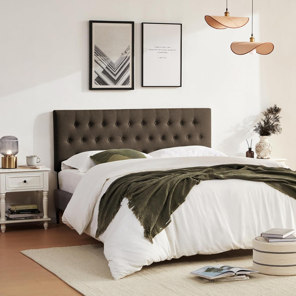 Huatean Home Tufted Upholstered Headboard King Size, Solid Wood Head Board with Durable Metal Legs, Adjustable Height Bed headboard from 37' to 51' Fabric Headboard in Modern Button Design, Chocolate