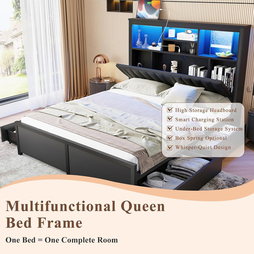 Queen Bed Frame with Storage Drawers & High Storage Headboard, Metal Queen Bed Frame with Headboard, LED light & Charging Station, Platform Bed Frames Queen Size, No Box Spring Needed, Black