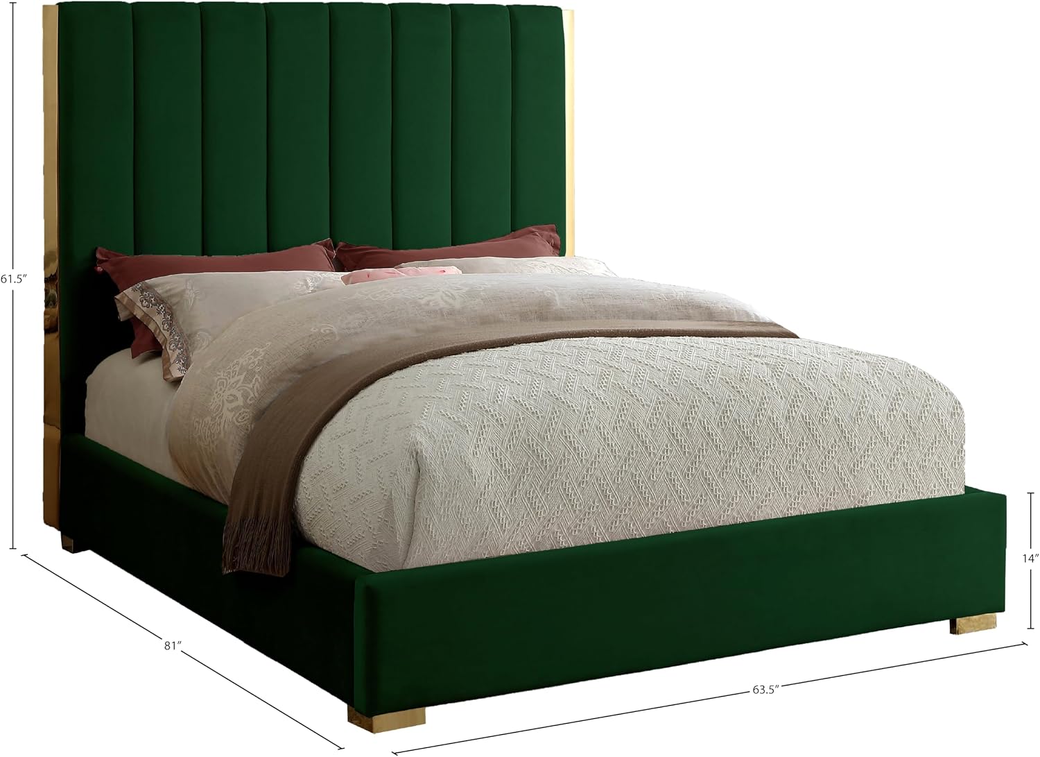 Meridian Furniture Becca Collection Modern | Contemporary Velvet Upholstered Bed with Deep Channel Tufting and Polished Gold Metal Frame, Green, Full