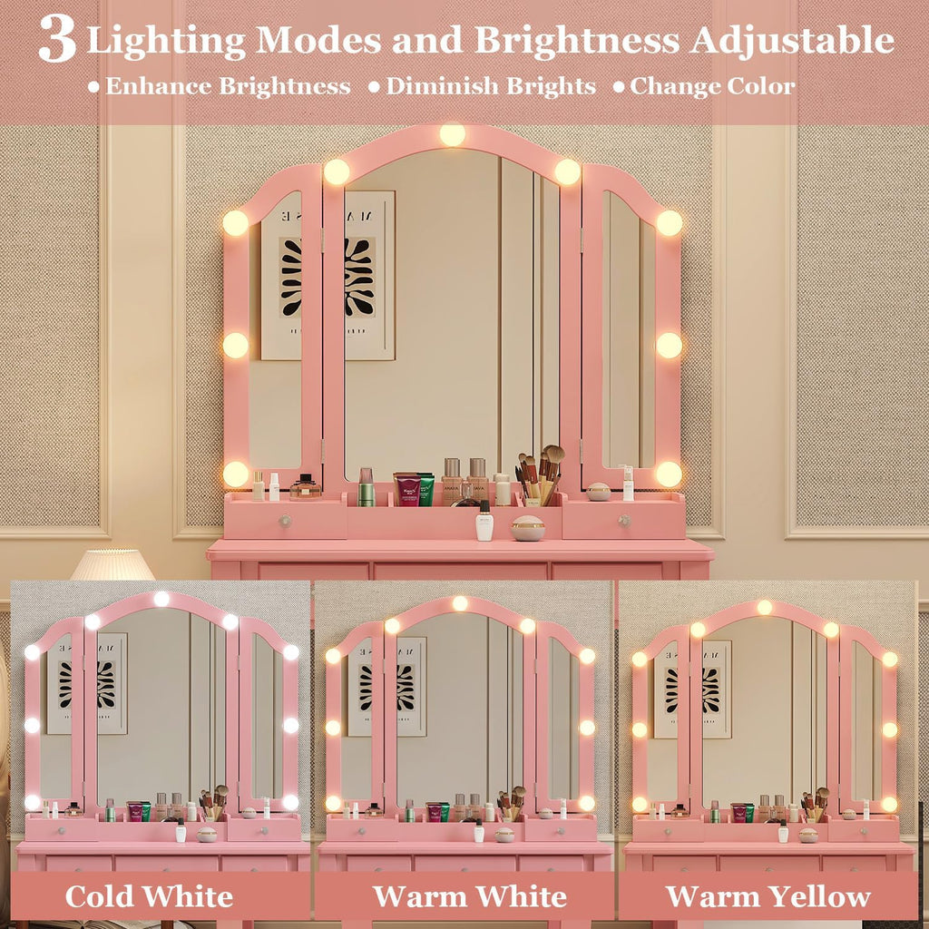 YIXHQ Vanity with Lights Girls Vanity Desk Set with Drawers Makeup Vanity Desk with Mirror and Lights Make Up Pink Makeup Vanity for Girls Table with Stool