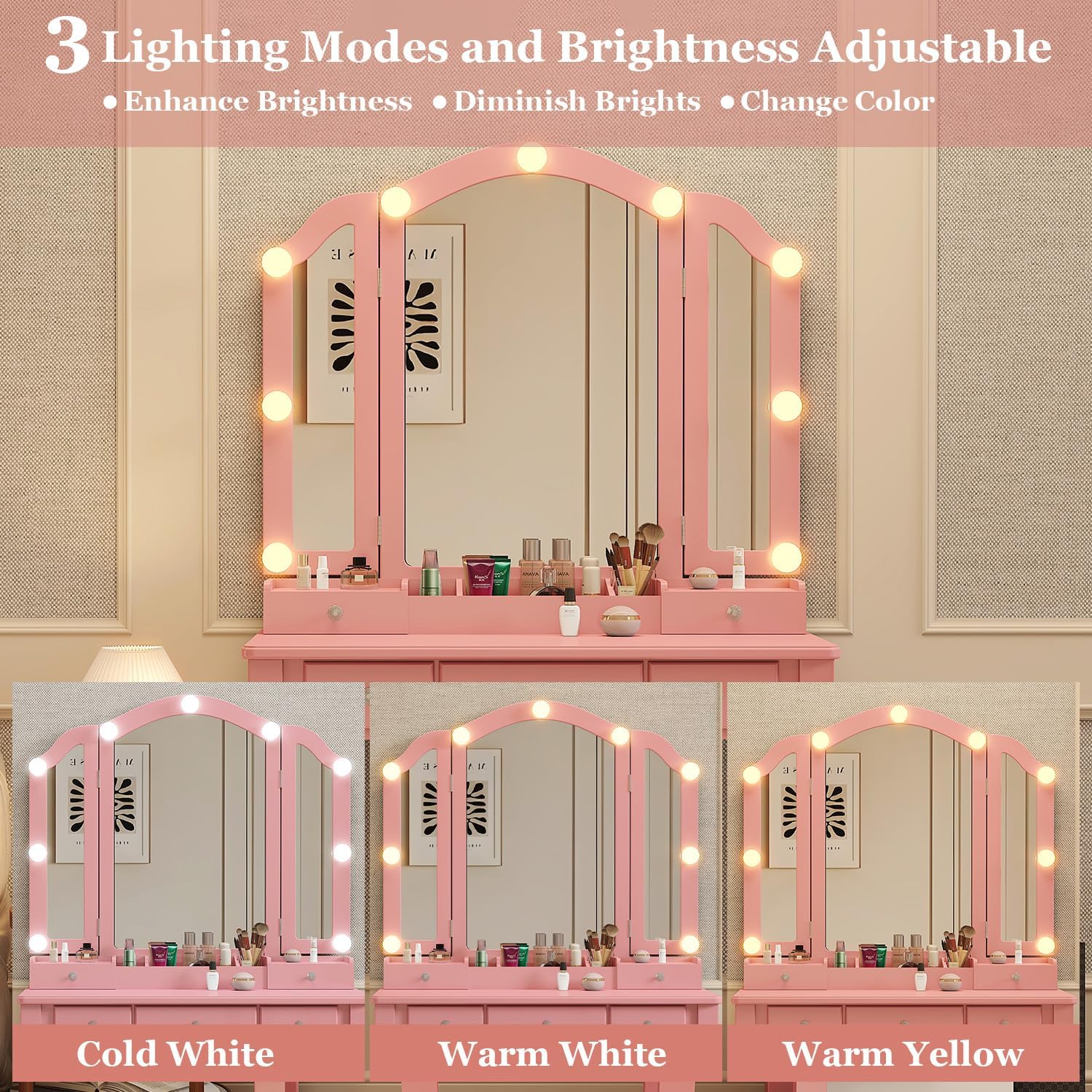 YIXHQ Vanity with Lights Girls Vanity Desk Set with Drawers Makeup Vanity Desk with Mirror and Lights Make Up Pink Makeup Vanity for Girls Table with Stool