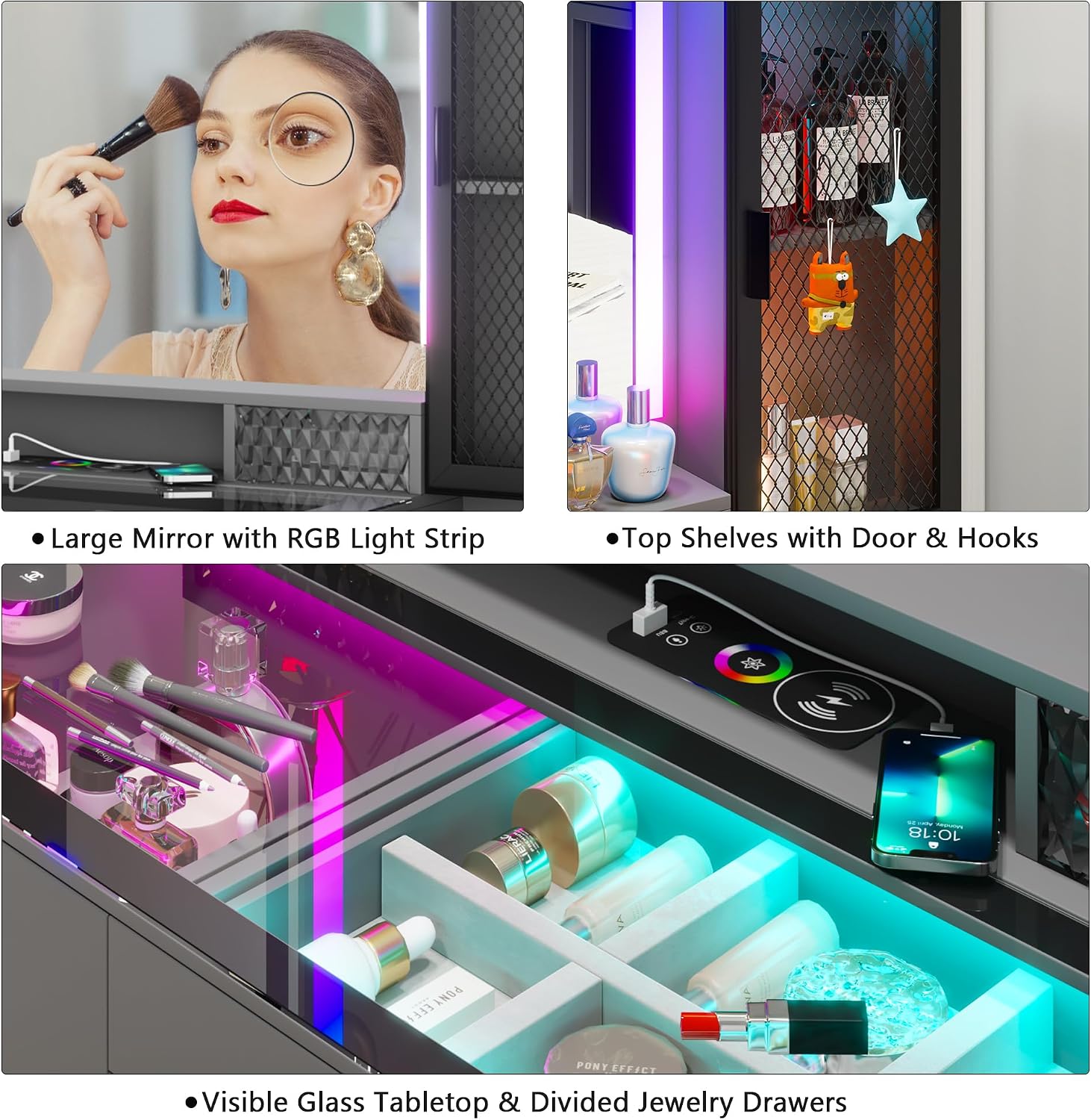 Makeup Vanity Desk with Large Mirror, Glass Top Vanity Table Set with RGB 24 Color Dimmable Lights, Dressing Table with 6 Drawers and Cushioned Stool (Grey)