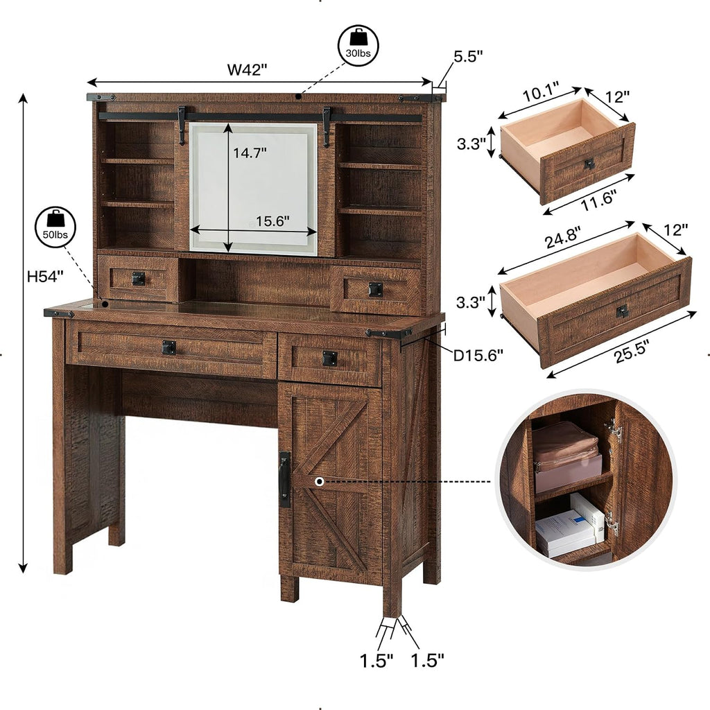 T4TREAM Farmhouse Makeup Vanity Desk with Sliding Mirror and Lights, 42'' Glass Tabletop Vanity Table with 2 Drawers & Shelves, Rustic Large Vanity Set for Bedroom, Reclaimed Barnwood