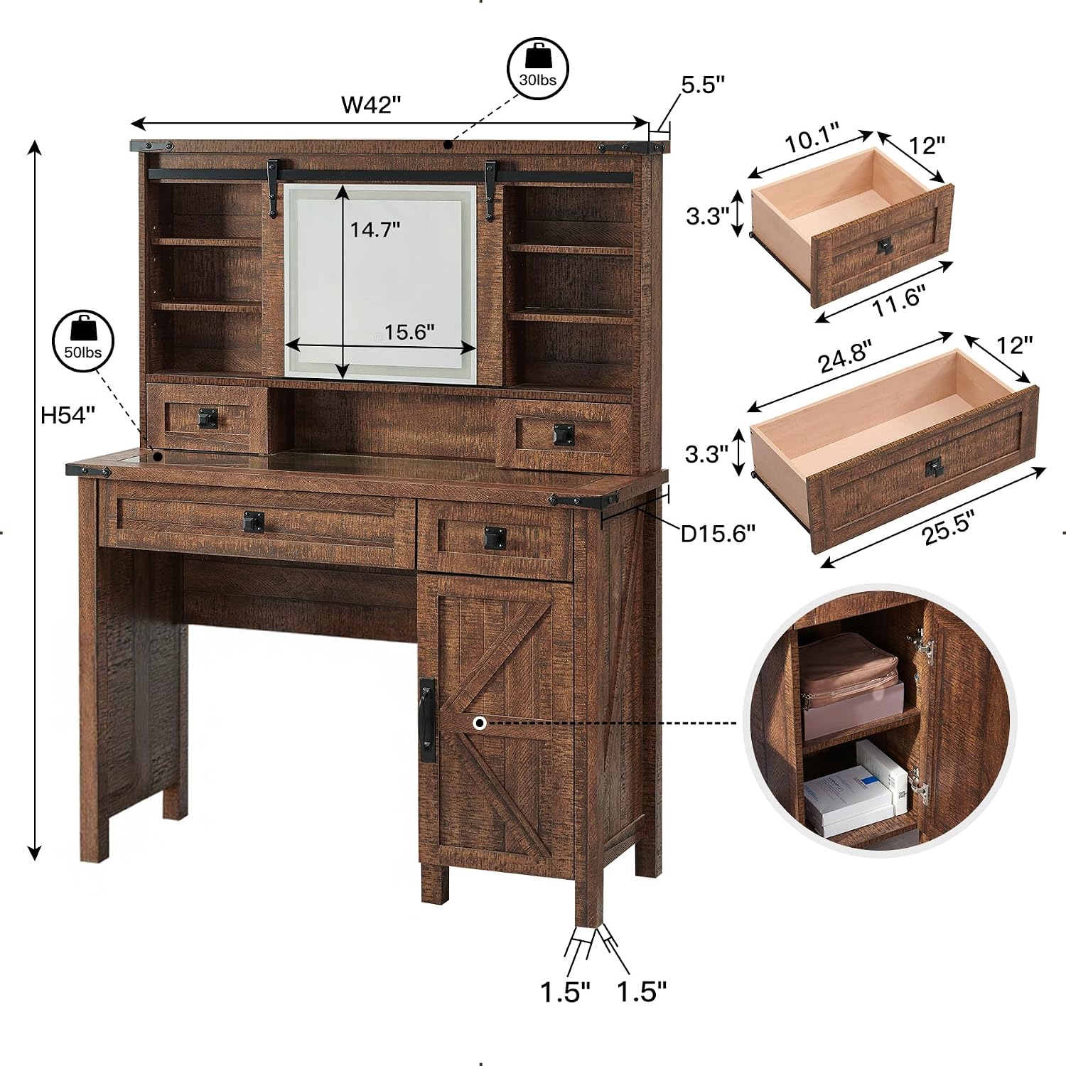 T4TREAM Farmhouse Makeup Vanity Desk with Sliding Mirror and Lights, 42'' Glass Tabletop Vanity Table with 2 Drawers & Shelves, Rustic Large Vanity Set for Bedroom, Reclaimed Barnwood