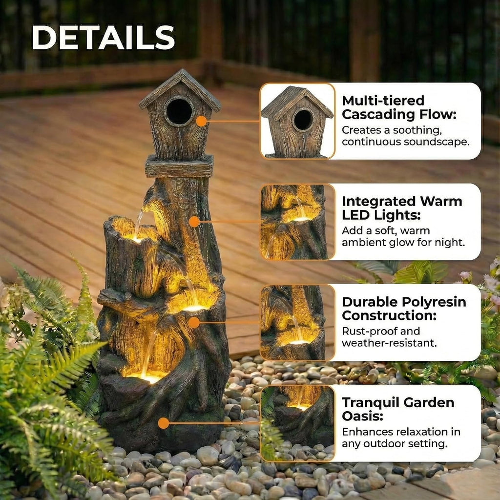 Outdoor Water Fountain with LED Lights – Charming Garden Patio Water Feature, Rustic Design, Weather-Resistant Fiberglass, Perfect for Backyards Outdoor Garden and Entryways