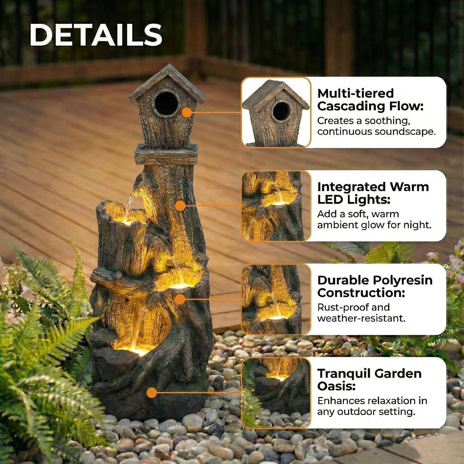 Outdoor Water Fountain with LED Lights – Charming Garden Patio Water Feature, Rustic Design, Weather-Resistant Fiberglass, Perfect for Backyards Outdoor Garden and Entryways