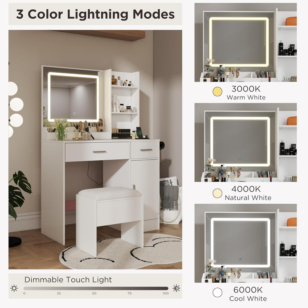 Roundhill Furniture Lavin Makeup Vanity Set, Vanity Desk with Stool, LED Light Mirror and Charging Station, White