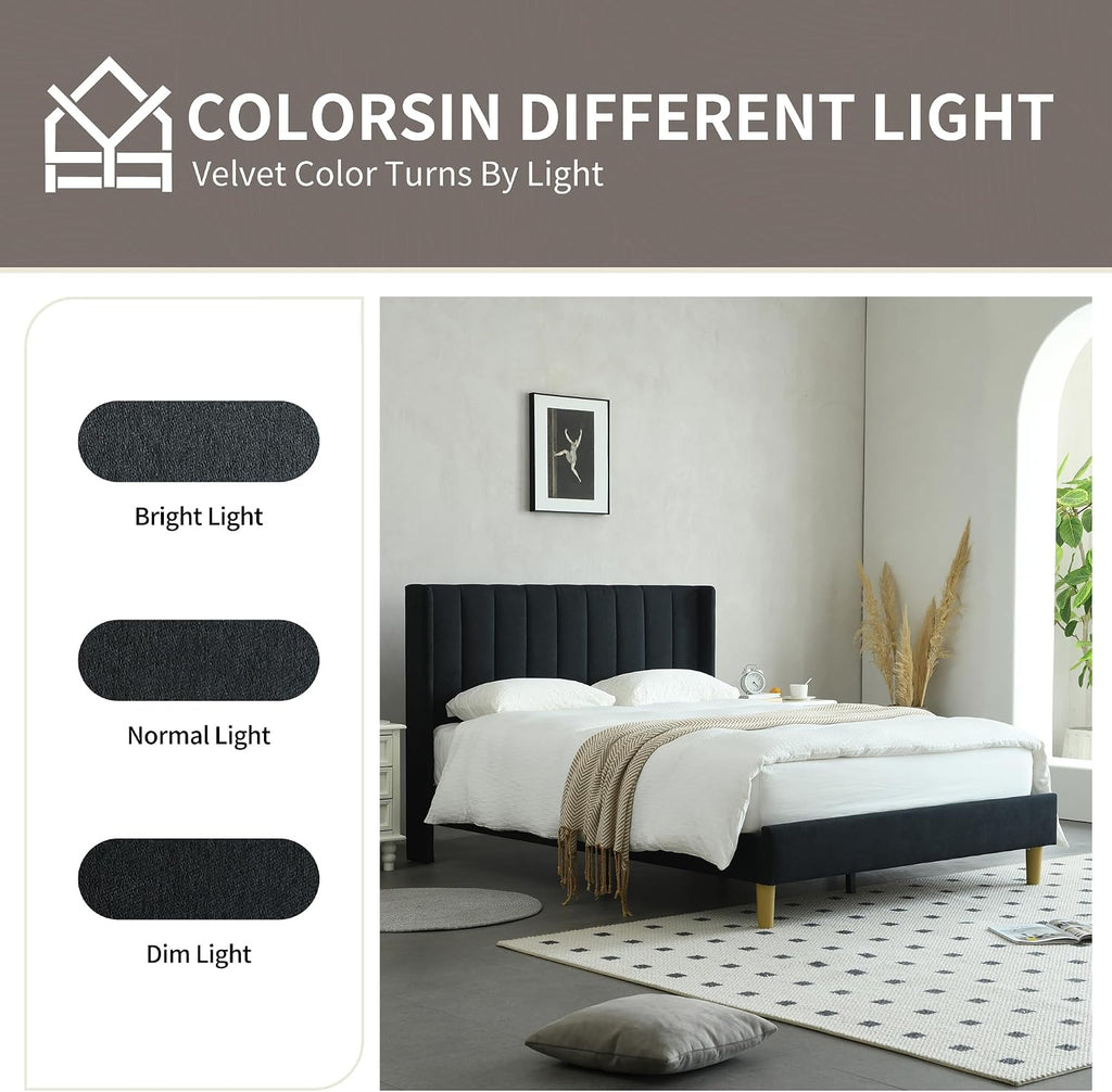 YUHUASHI upholstered Platform Bed Frame/Full Bed Frame/Modern Geometric Double-Wing Design headboard/Linen Fabric/Easy to Assemble no Noise (Black, Full)