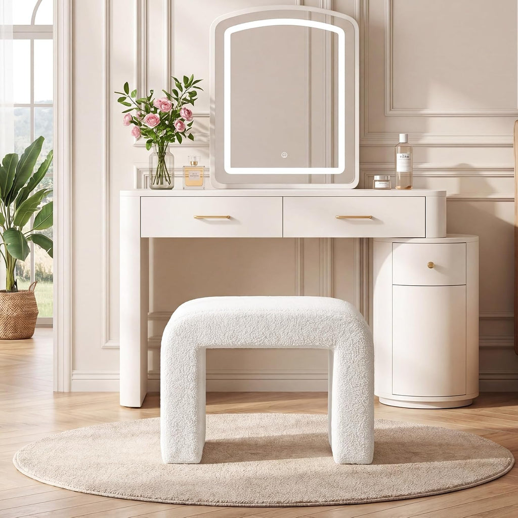Tribesigns Ottoman Stool for Vanity, Modern Foot Rest for Couch, Large Sherpa Upholstered Foot Stool Ottoman, Arched Shoe Bench for Entryway, Extra Seating for Living Room, Bedroom, No Assembly, White