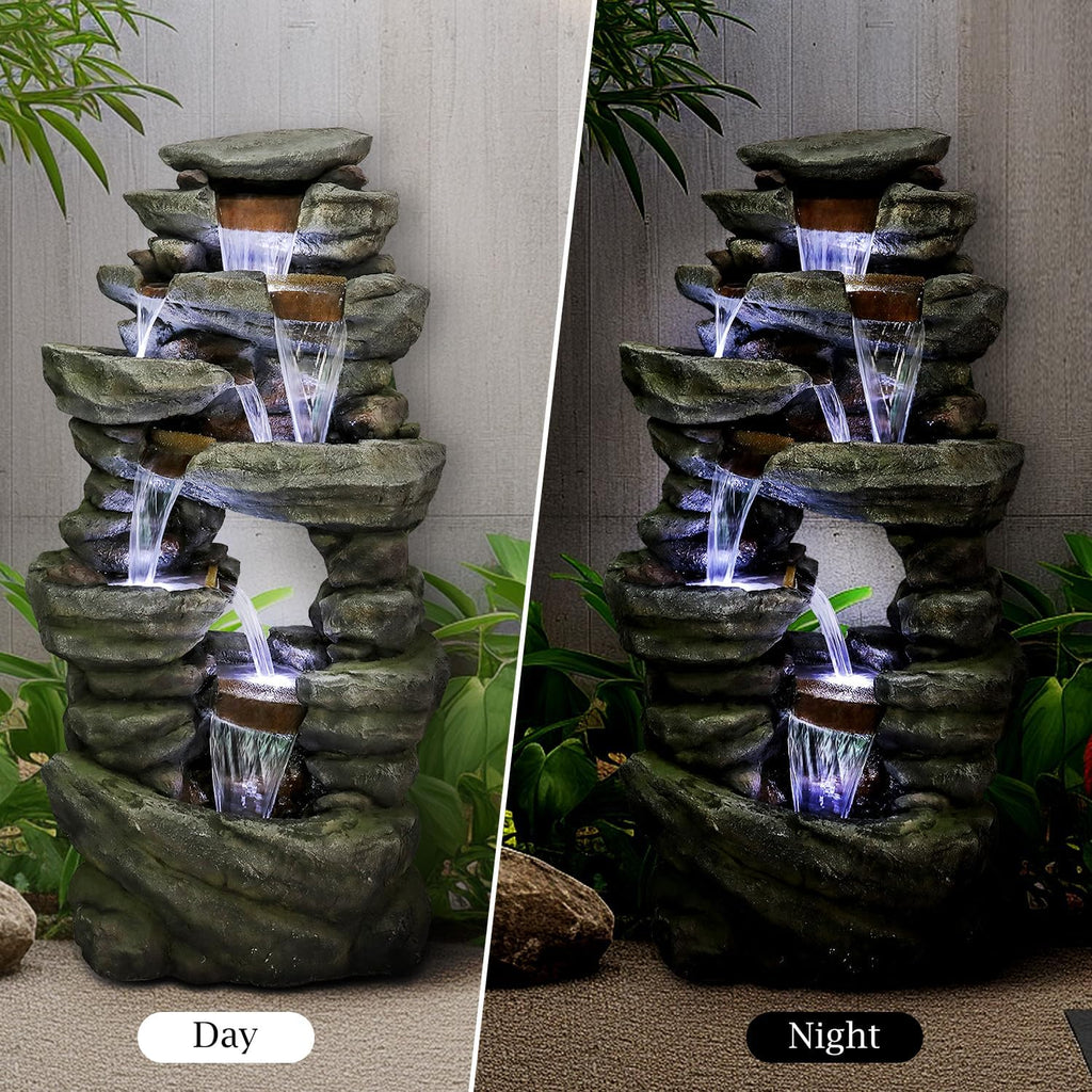 SunJet 60' High 7-Tiers Cascading Rock Outdoor Water Fountain with LED Lights - Large Outdoor Fountains and Waterfalls for Garden or Patio, Yard, and Deck Decor, Featuring Natural Stone Look