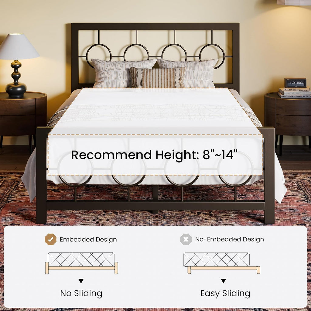 SHA CERLIN Full Size Metal Bed Frame with Vintage Circular Design Headboard and Footboard,No Box Spring Required,Easy Assembly,Noise-Free,Brown