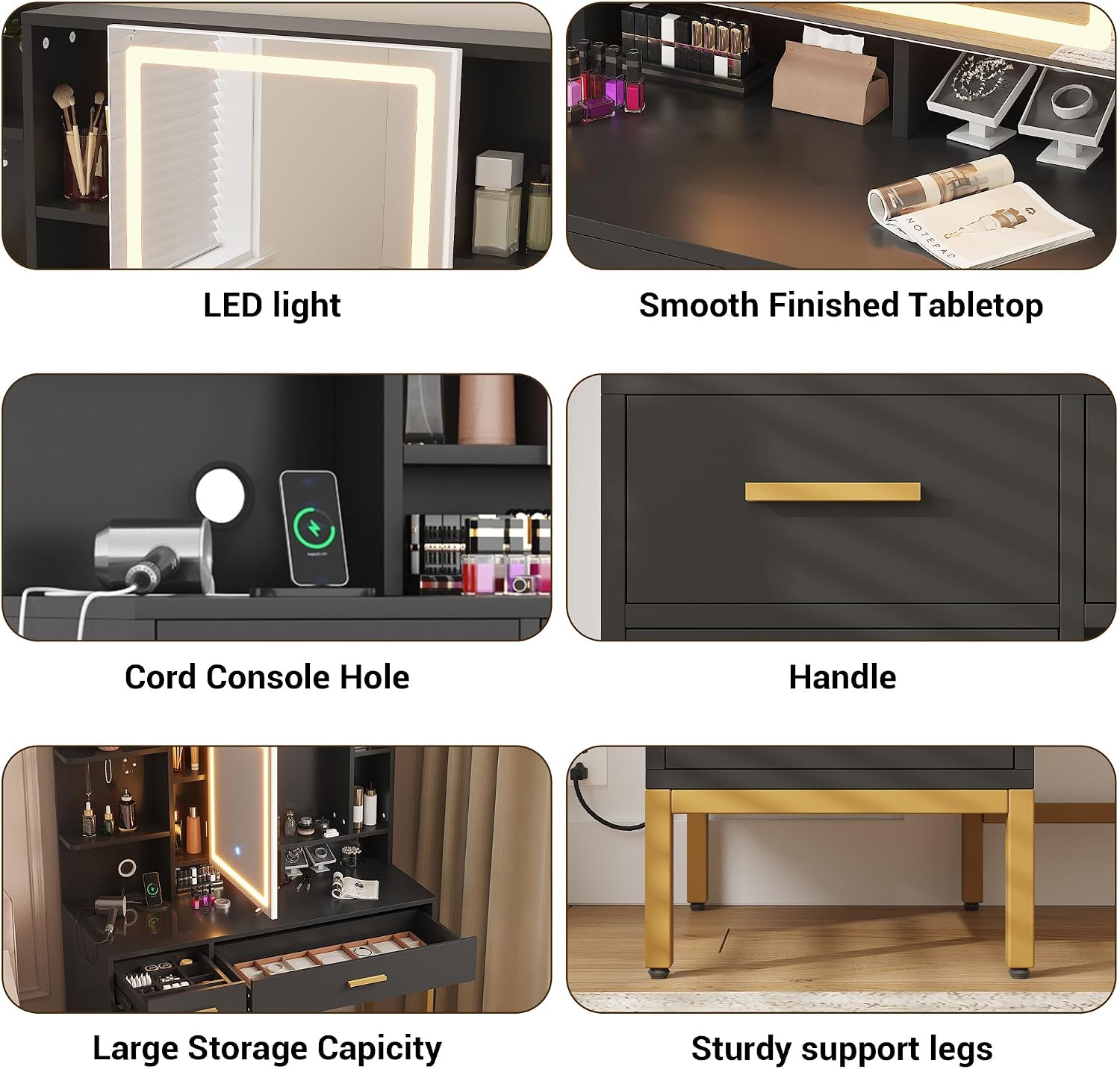 IDEALHOUSE Vanity Desk with Mirror and Lights, 42.5' Makeup Vanity Set with Stool, Makeup Table with Mirror Cabinet and Chair, Drawers & Shelves, Dressing Table with Outlet for Bedroom, Black