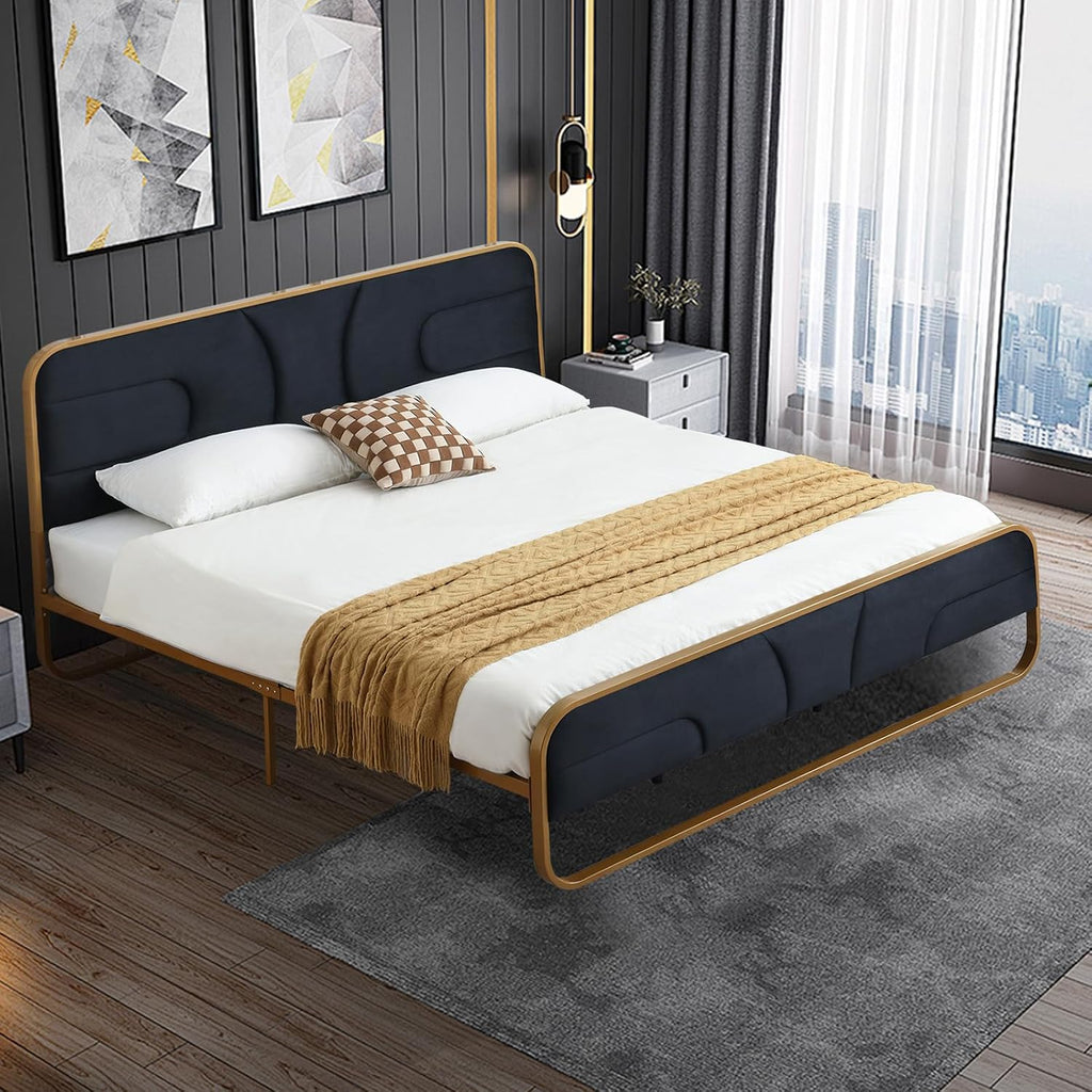 VELOCAVA Rounded Metal Upholstered Bed King with Unique Headboard, Soft Velvet Platform Bed Storage Supported by Metal Base and Wooden Slats, No Box Spring Needed,Gold & Black