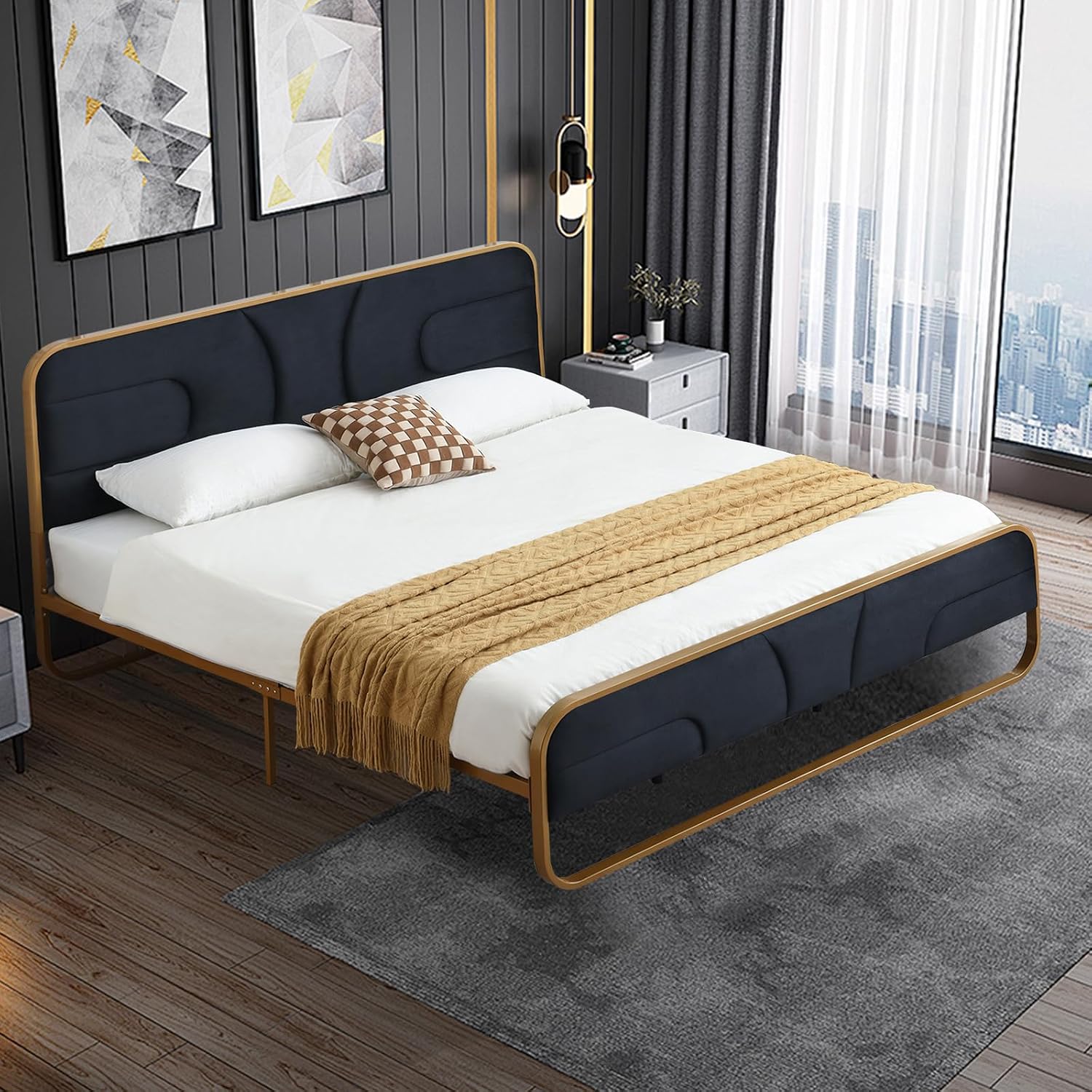 VELOCAVA Rounded Metal Upholstered Bed King with Unique Headboard, Soft Velvet Platform Bed Storage Supported by Metal Base and Wooden Slats, No Box Spring Needed,Gold & Black
