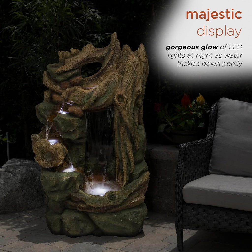 Alpine Corporation TZL200 Outdoor Side Tiering Garden Floor Rainforest Water Fountain with LED Lights, 55', Brown