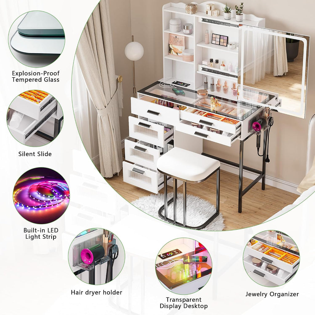 HENBC Vanity Desk with Sliding Mirror and Glass Desktop, LED Vanitys Mirror with RGB Lights Desk and Chair, Dressers Table Set with Charging Station/Makeup Organizer/6 Drawers for Bedroom(White)