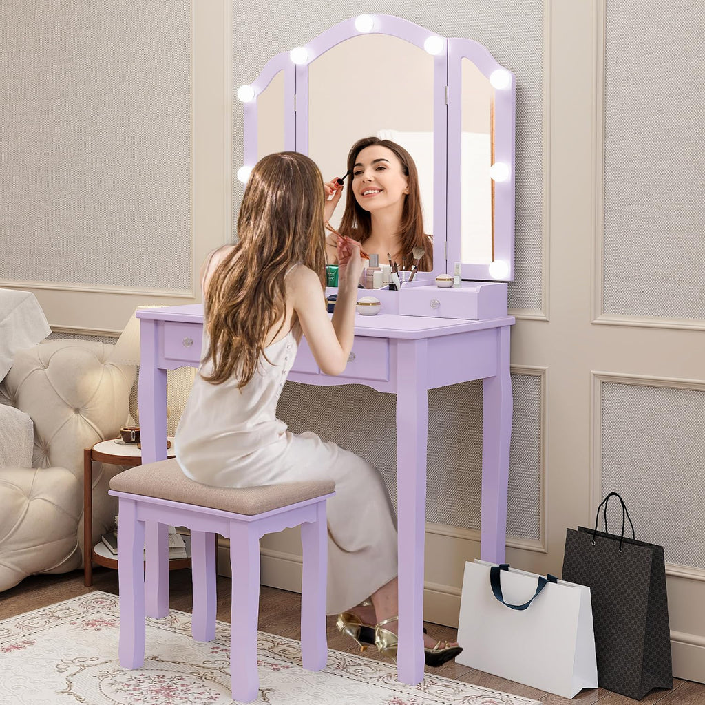 YIXHQ Purple Vanity Makeup Vanity Desk with Lights Vanity for Teen Girls Vanity Set for Teenager Vanity Table with Mirror for Bedroom Vanity Mirror with Lights Girls Desk and Chair
