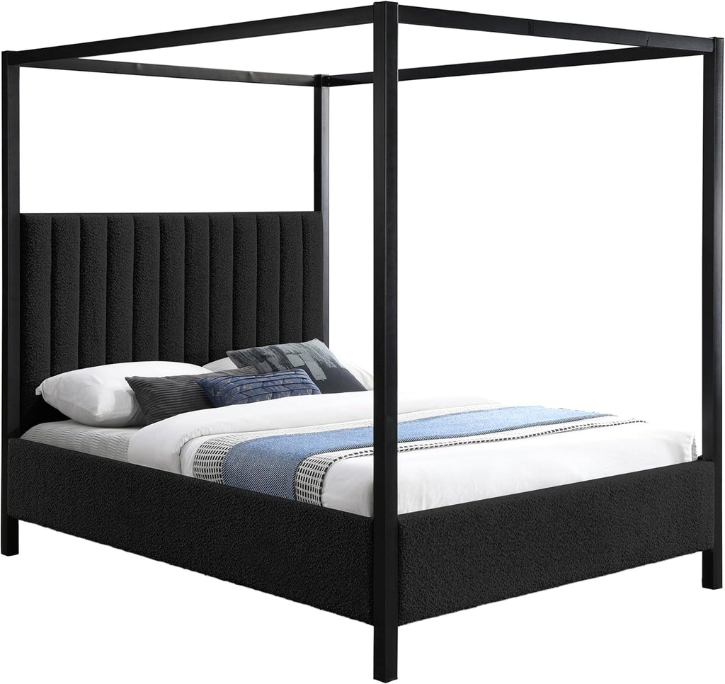 Meridian Furniture KellyBlack-Q Kelly Collection Modern | Contemporary Queen Bed with Rich Black Boucle Fabric, Matte Black Iron Metal Frame Canopy, 62.5' W x 84.5' D x 77' H, Black, Queen