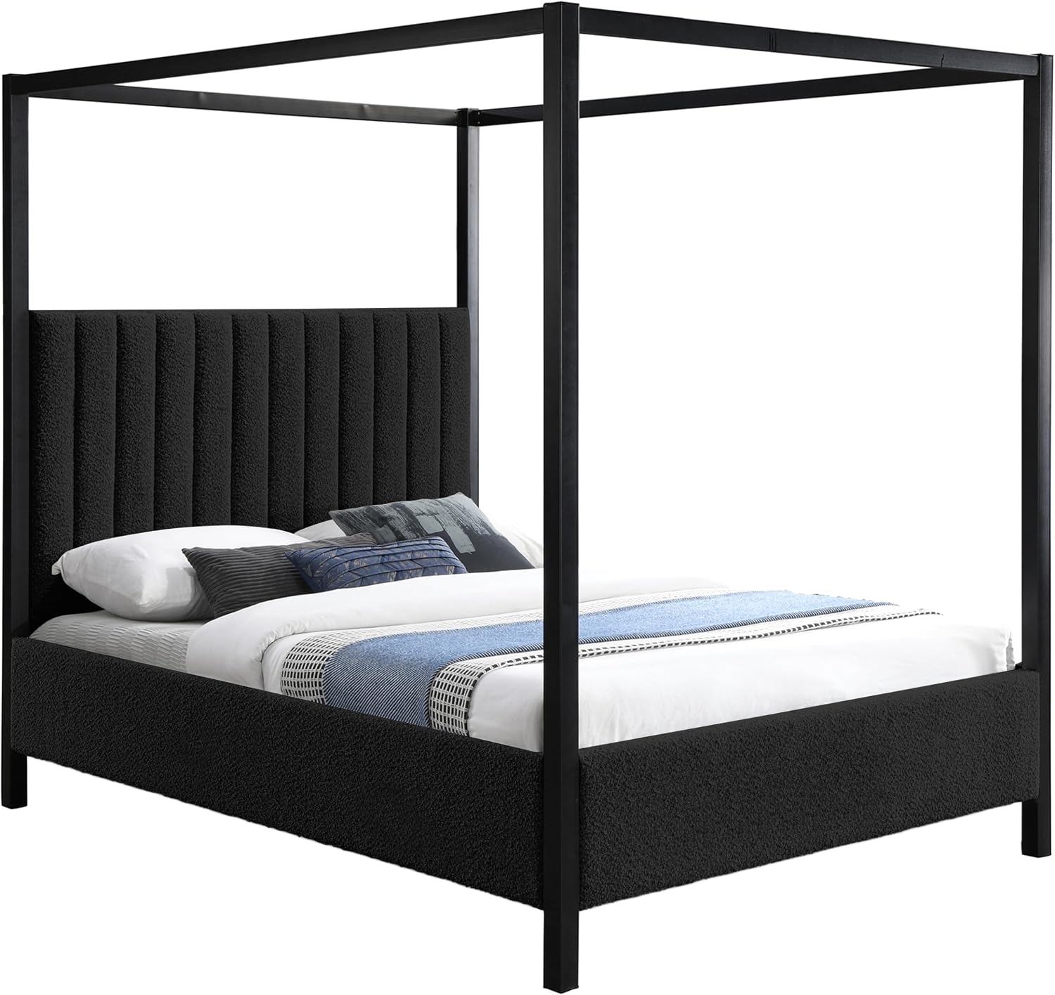 Meridian Furniture KellyBlack-Q Kelly Collection Modern | Contemporary Queen Bed with Rich Black Boucle Fabric, Matte Black Iron Metal Frame Canopy, 62.5' W x 84.5' D x 77' H, Black, Queen