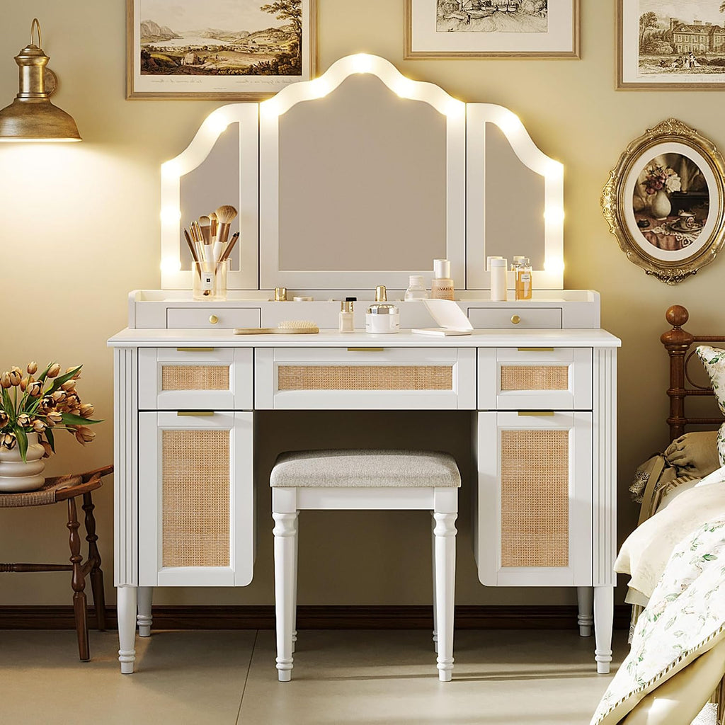 JIJIWANG 44.37' Makeup Vanity Desk with 13 Hollywood Bulbs and 3 Lighting Modes, Dressing Table with Tri-Fold Mirror, Large Vanity Table with 5 Drawers and Shelves and 2 Cabinets for Bedroom, White