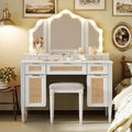 JIJIWANG 44.37' Makeup Vanity Desk with 13 Hollywood Bulbs and 3 Lighting Modes, Dressing Table with Tri-Fold Mirror, Large Vanity Table with 5 Drawers and Shelves and 2 Cabinets for Bedroom, White