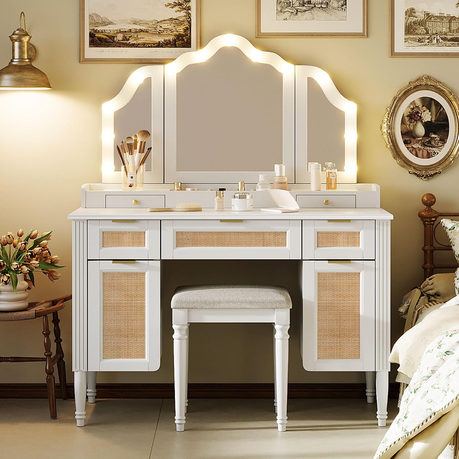 JIJIWANG 44.37' Makeup Vanity Desk with 13 Hollywood Bulbs and 3 Lighting Modes, Dressing Table with Tri-Fold Mirror, Large Vanity Table with 5 Drawers and Shelves and 2 Cabinets for Bedroom, White